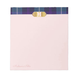 Bloc De Notas Blue Tartan Golden Personalizado Script Monograma 