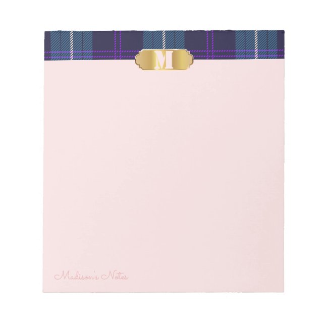 Bloc De Notas Blue Tartan Golden Personalizado Script Monograma  (Frente)