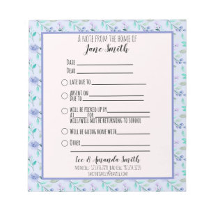 Bloc De Notas Blue Watercolor Floral School Note Excusa 1 Niño