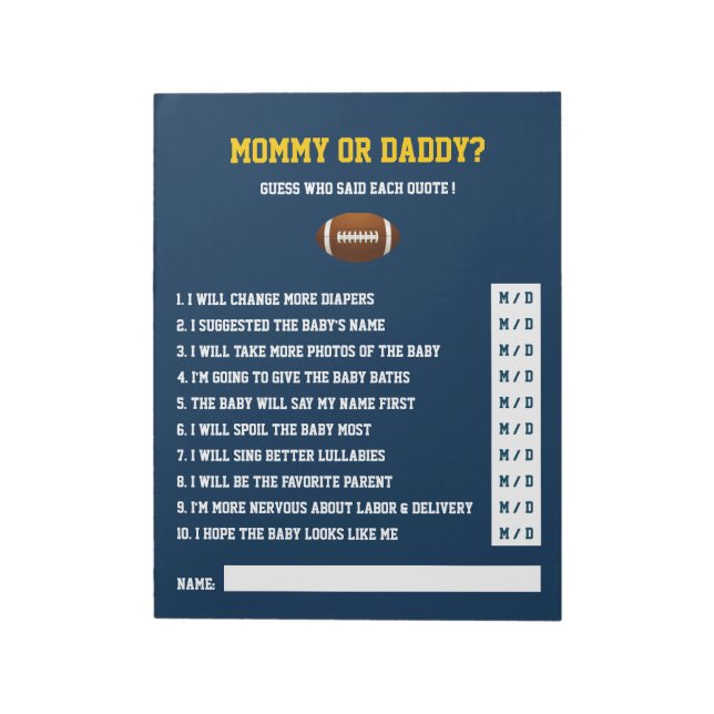 Bloc De Notas Blue Yellow FOOTBALL baby shower Guessing GAME (Lado Izquierdo)