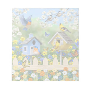 Bloc De Notas Bluebirds Goldfinches Birdhouses Flower Garden