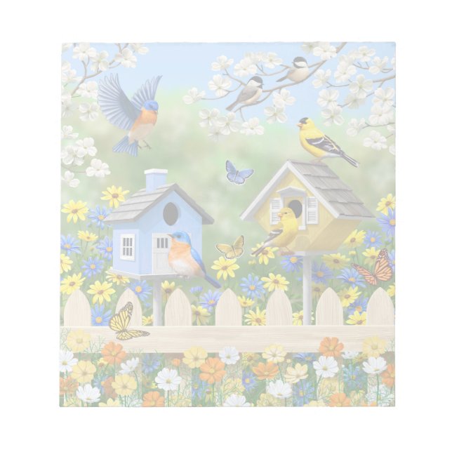 Bloc De Notas Bluebirds Goldfinches Birdhouses Flower Garden (Frente)