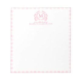 Bloc De Notas Blush Pink Gingham Floral Crest Monogram
