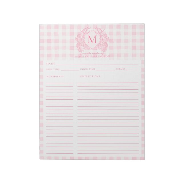 Bloc De Notas Blush Pink Gingham Floral Crest Monogram Recipe (Lado Izquierdo)