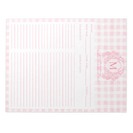 Bloc De Notas Blush Pink Gingham Floral Crest Monogram Recipe