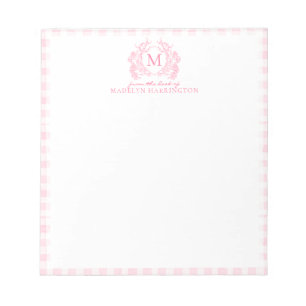 Bloc De Notas Blush Rosa Gingham Floral Escudo Monograma