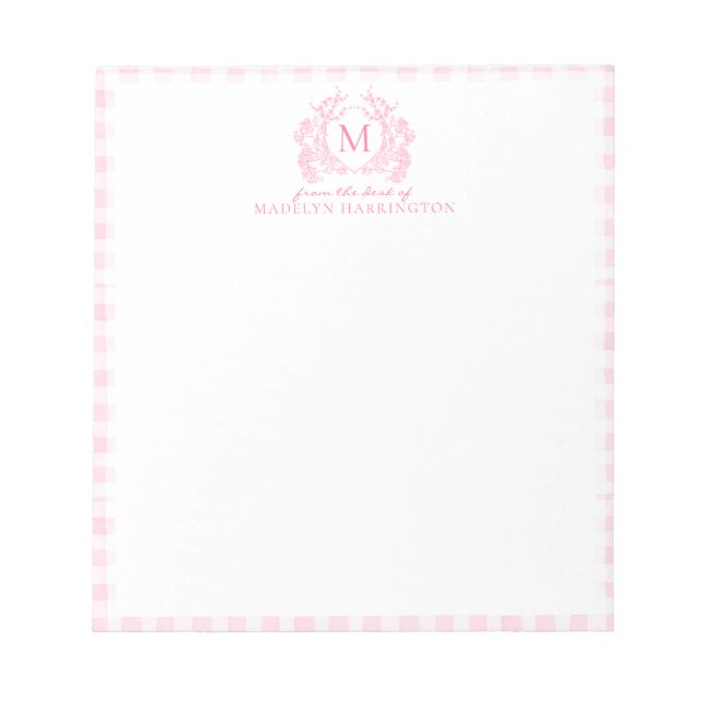 Bloc De Notas Blush Rosa Gingham Floral Escudo Monograma (Frente)