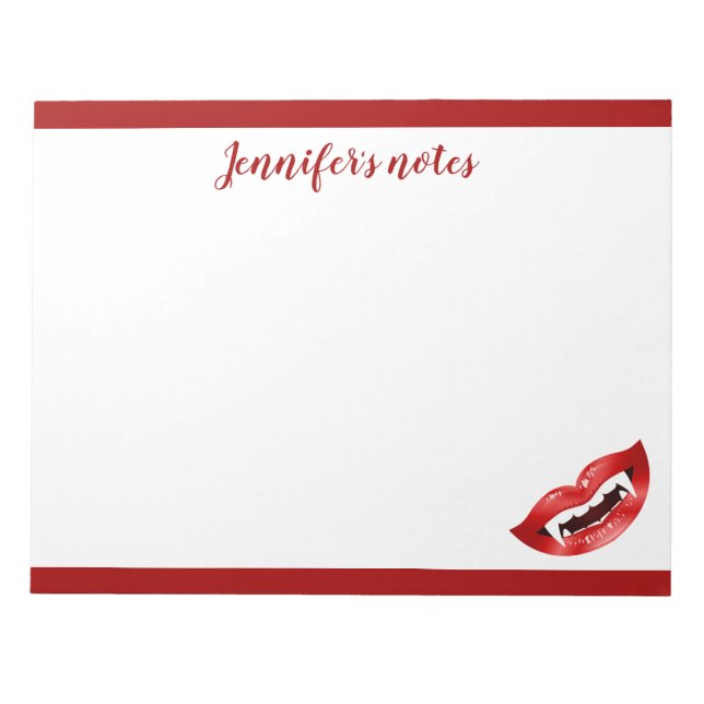 Bloc De Notas Boca de vampiro con labios rojos y colmillos texto (Frente)