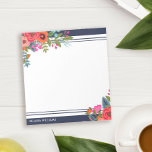 Bloc De Notas Boho Floral Bouquets - Azul y Blanco de la Marina<br><div class="desc">Billete personalizado con hermosos ramos de flores boho en dos de las esquinas. Añade tu nombre en letras blancas modernas contra el azul marino.</div>