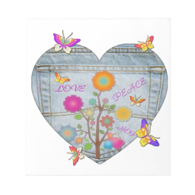 Bloc De Notas Bolsillo de mezclilla Corazón Flores Mariposas (Frente)