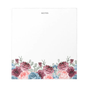 Bloc De Notas Bonito acuarela Burgundy y Flores Azules