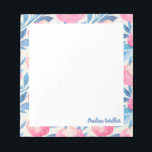 Bloc De Notas Bonito Color de agua Patrón floral Nombre azul ros<br><div class="desc">Una estampa floral de bonito de flores adorables pintadas con acuarelas en tonos azules y rosas,  personalizada con tu nombre. Por favor,  contáctame con cualquier pregunta o petición.</div>
