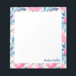 Bloc De Notas Bonito Color de agua Patrón floral Nombre azul ros<br><div class="desc">Una estampa floral de bonito de flores adorables pintadas con acuarelas en tonos azules y rosas,  personalizada con tu nombre. Por favor,  contáctame con cualquier pregunta o petición.</div>