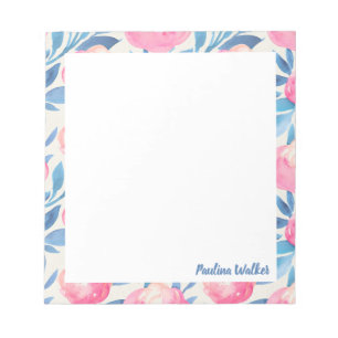 Bloc De Notas Bonito Color de agua Patrón floral Nombre azul ros