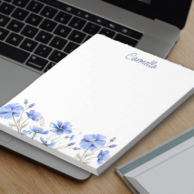 Bloc De Notas Borde de flores silvestres hermosas flores azules  (Personalized notepad with border of blue wildflowers)