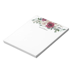 Bloc De Notas Borgoña y floral rosa blanca con tu nombre