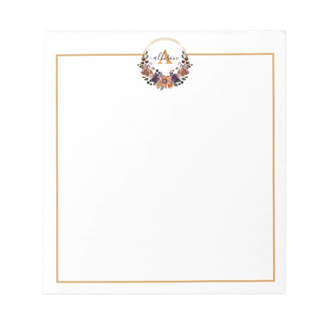Bloc De Notas Borgoña y marco floral dorado personalizado (Frente)