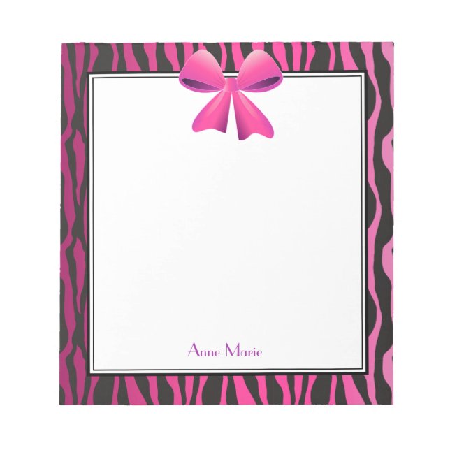Bloc De Notas Bow rosa con franjas de cebra negra (Frente)