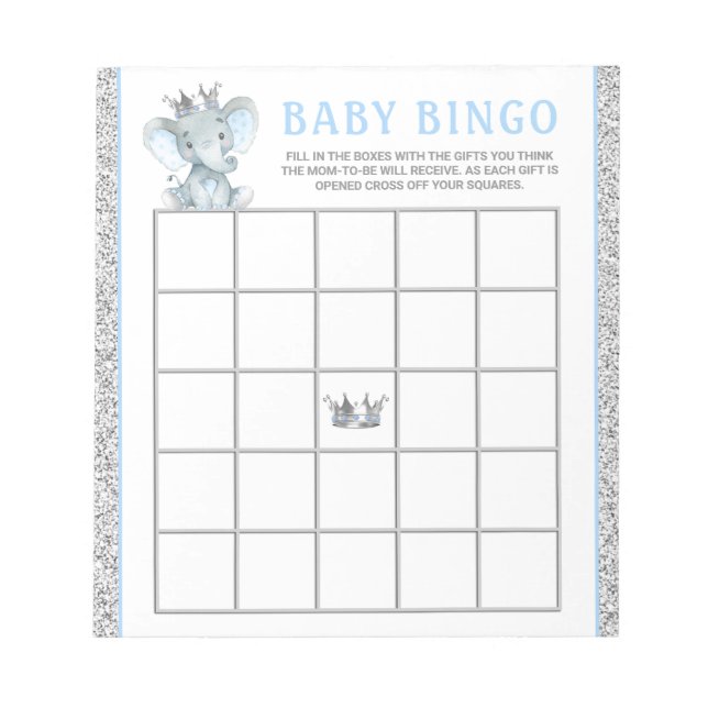 Bloc De Notas Boy Elephant Baby Shower Bingo Game Cards (Frente)