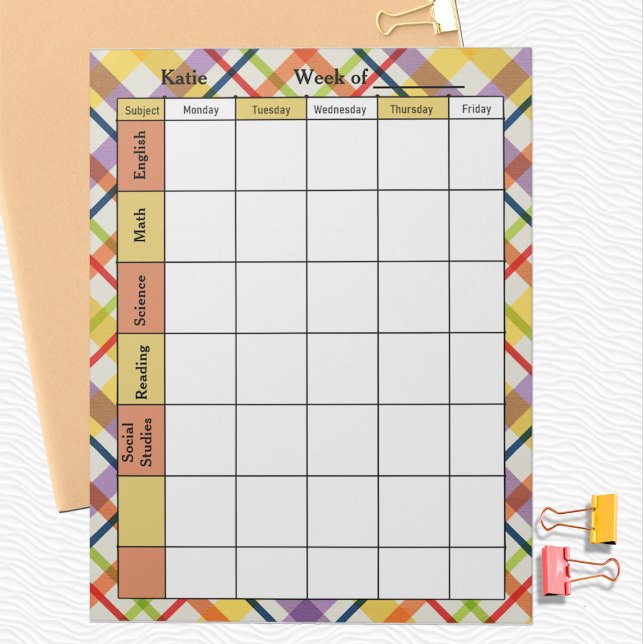 Bloc De Notas Bright School Plaid Homework Assignment (Subido por el creador)