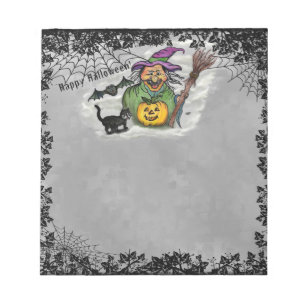 Bloc De Notas Bruja, gato, murciélago y calabaza, ¡Feliz Hallowe