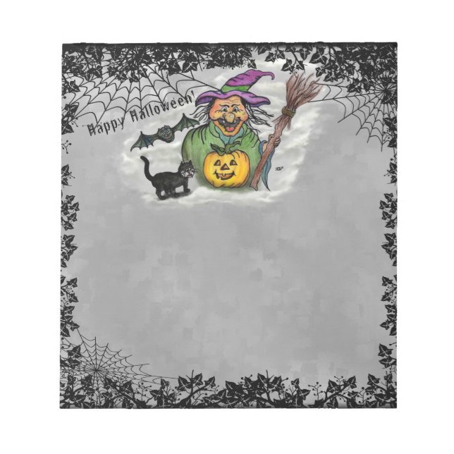 Bloc De Notas Bruja, gato, murciélago y calabaza, ¡Feliz Hallowe (Frente)