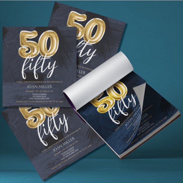 Bloc De Notas BUDGET Blue, Gold Balloon Invitación a los 50 años (Subido por el creador)