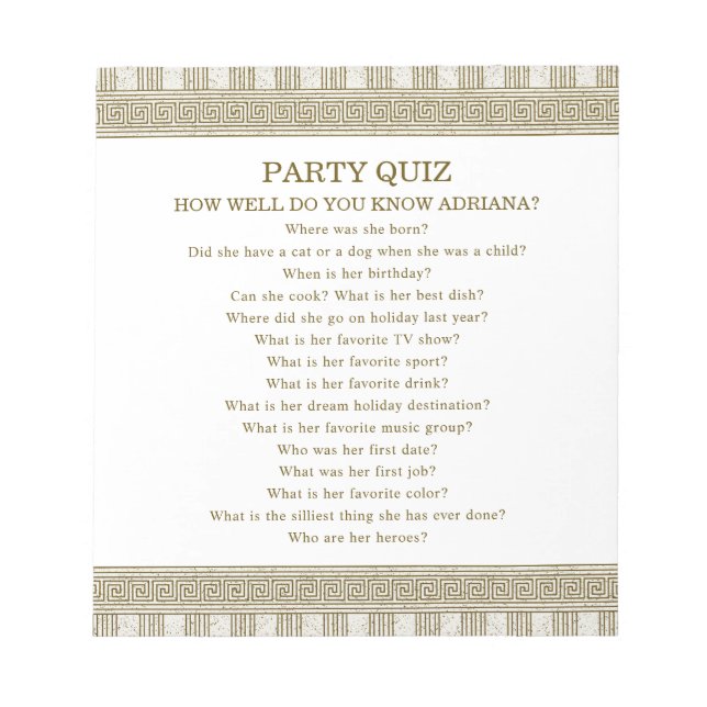 Bloc De Notas Budget Toga Party Quiz (Frente)