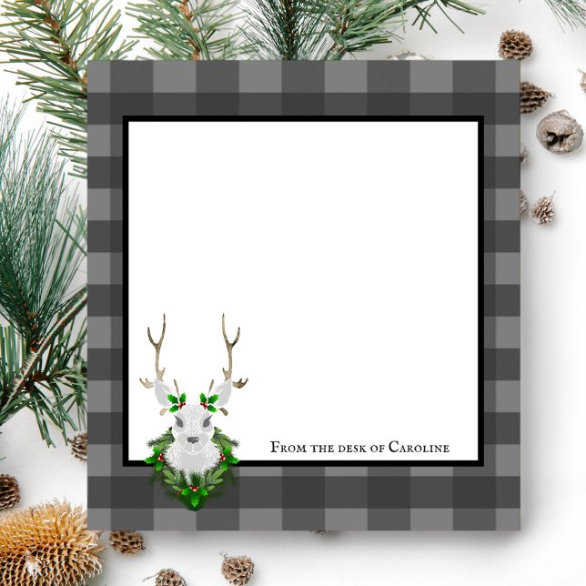 Bloc De Notas Búfalo de reno festivo personalizado (Gray Festive Reindeer Buffalo Plaid Personalized Notepad)