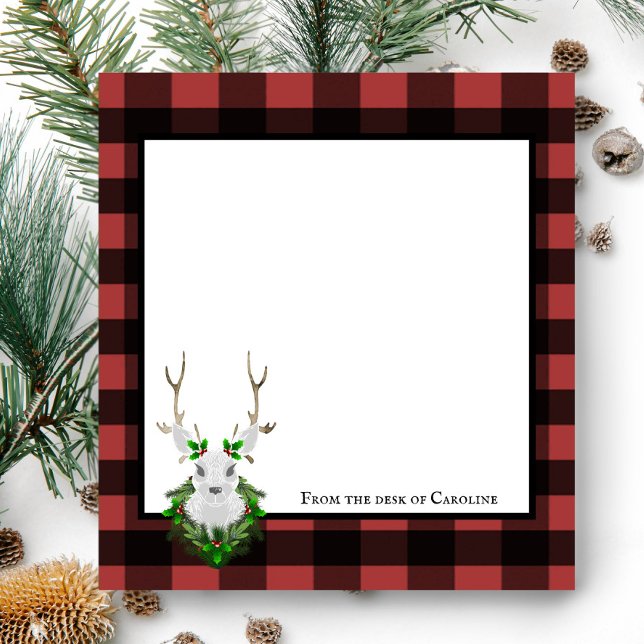 Bloc De Notas Búfalo de reno festivo personalizado (Black and Red Festive Reindeer Buffalo Plaid Personalized Notepad)