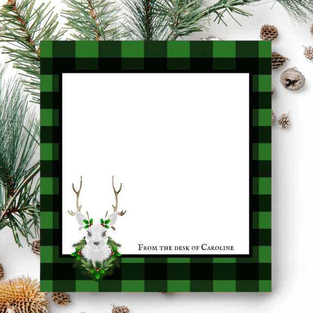 Bloc De Notas Búfalo de reno festivo personalizado (Black and Green Festive Reindeer Buffalo Plaid Personalized Notepad)