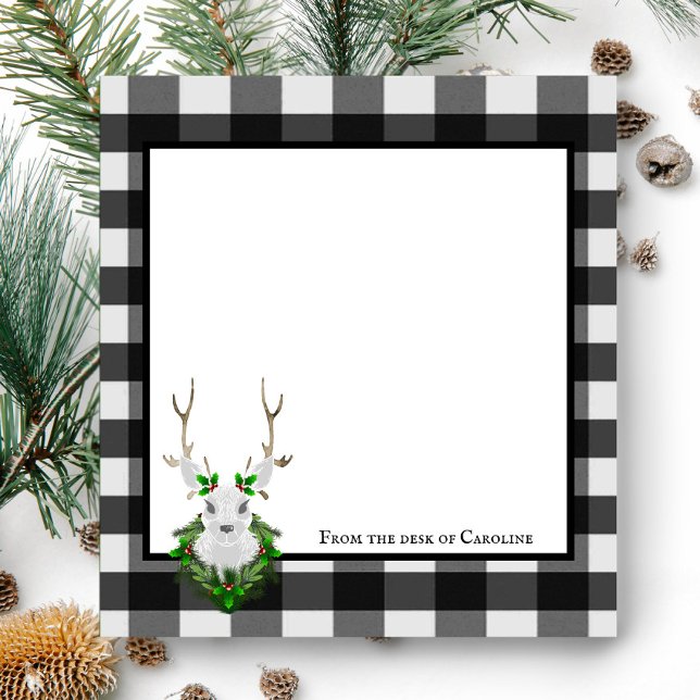 Bloc De Notas Búfalo de reno festivo personalizado (Black and White Festive Reindeer Buffalo Plaid Personalized Notepad)