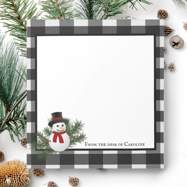 Bloc De Notas Búfalo De Snowman Tocado Notepad Personalizado (Black and White Smiling Snowman Buffalo Plaid Personalized Notepad)
