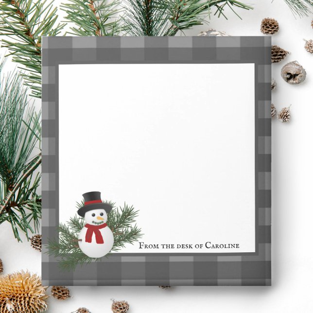 Bloc De Notas Búfalo De Snowman Tocado Notepad Personalizado (Gray Smiling Snowman Buffalo Plaid Personalized Notepad)