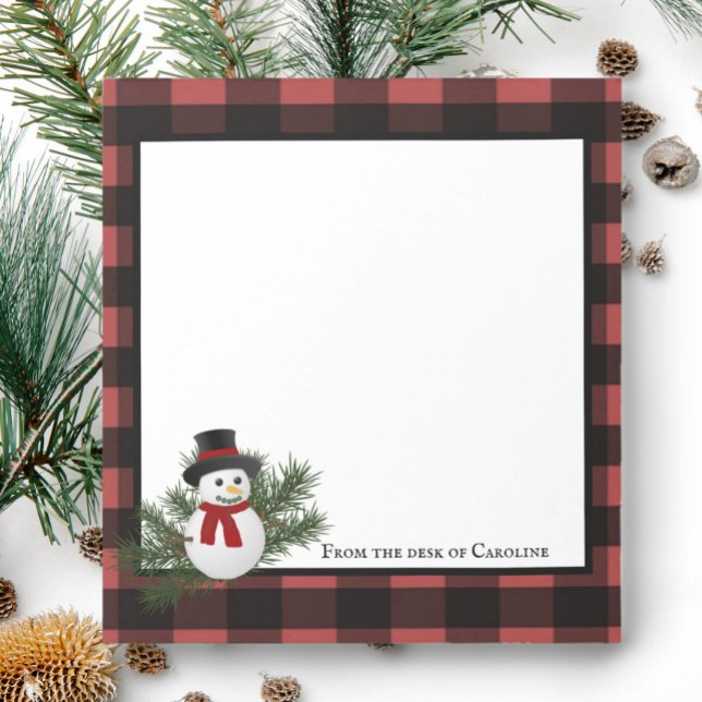 Bloc De Notas Búfalo De Snowman Tocado Notepad Personalizado (Black and Red Smiling Snowman Buffalo Plaid Personalized Notepad)