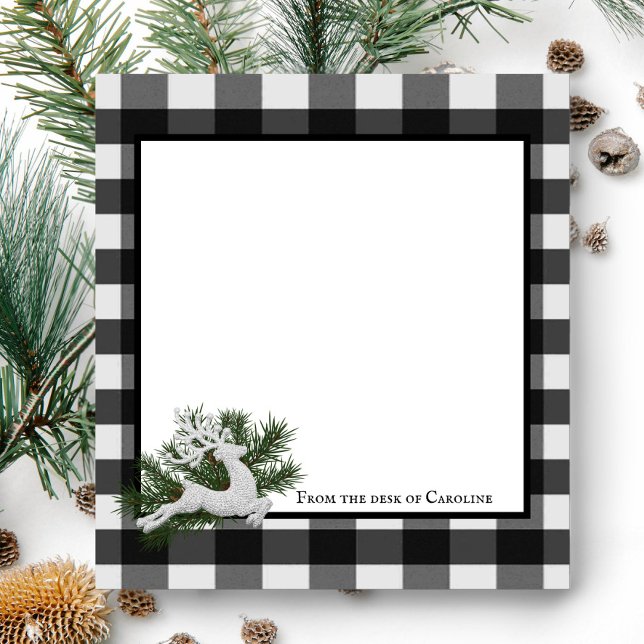 Bloc De Notas Buffalo de reno colocado personalizado | Blanco ne (Black and White Reindeer Buffalo Plaid Personalized Notepad)