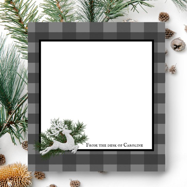 Bloc De Notas Buffalo de reno colocado personalizado | Gris (Gray Reindeer Buffalo Plaid Personalized Notepad)
