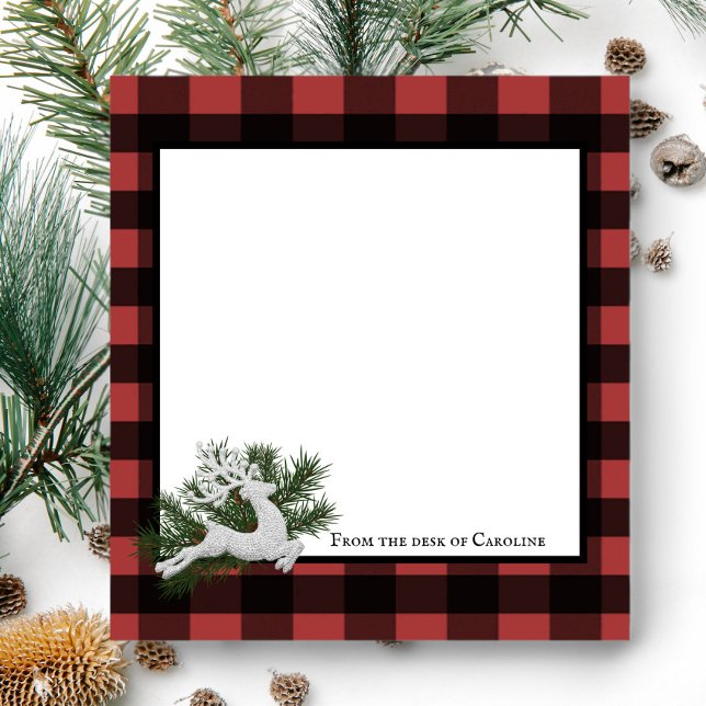 Bloc De Notas Buffalo de reno colocado personalizado | Rojo negr (Black and Red Reindeer Buffalo Plaid Personalized Notepad)