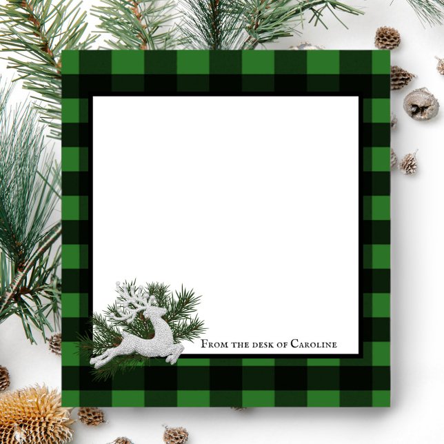 Bloc De Notas Buffalo de reno colocado personalizado | Verde neg (Black and Green Reindeer Buffalo Plaid Personalized Notepad)