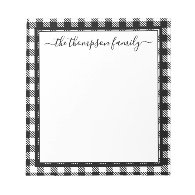 Bloc De Notas Buffalo Plaid Black White Script Family Name (Frente)