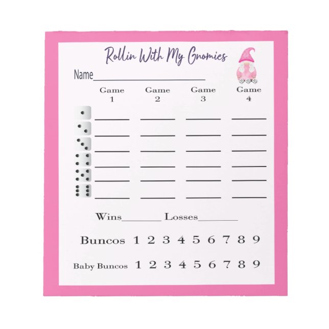 Bloc De Notas Bunco Score Sheet Pad Cuadros Gnome Pink (Frente)