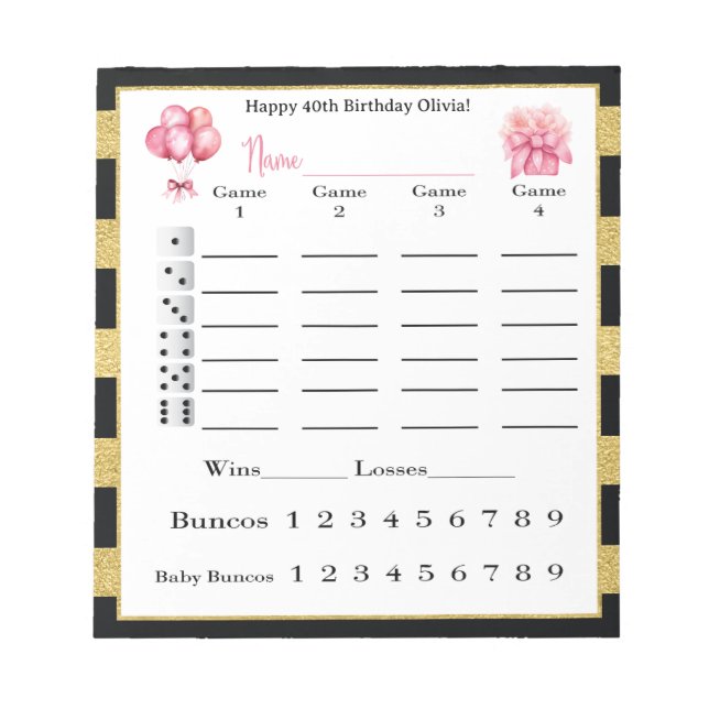 Bloc De Notas Bunco Score Sheets Black, Gold Birday (Frente)