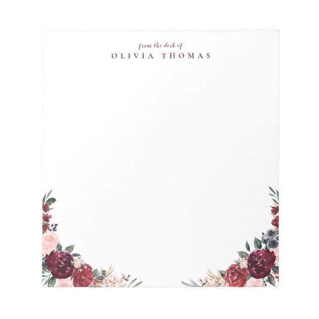 Bloc De Notas Burgundy Boho floral personalizada Stationery (Frente)