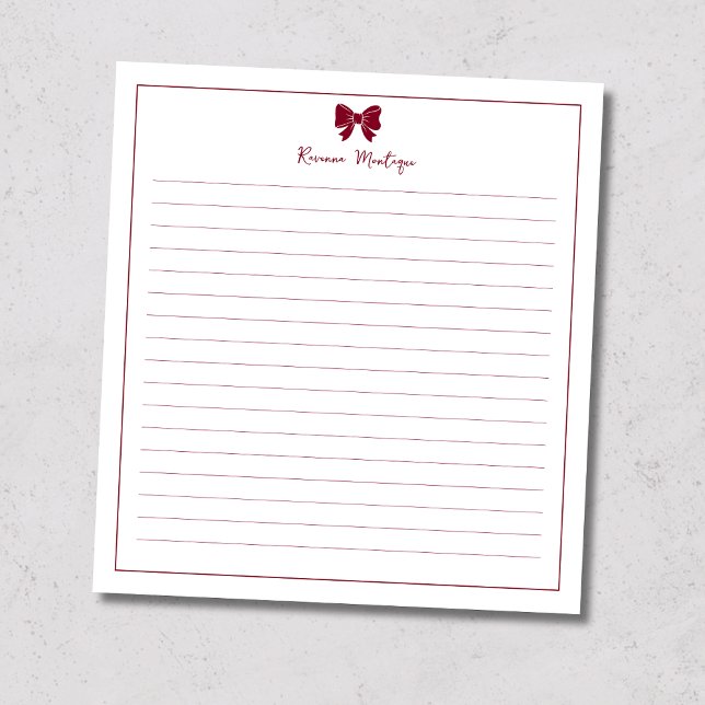 Bloc De Notas Burgundy Bow Border Custom Name Lined (Subido por el creador)