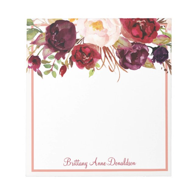 Bloc De Notas Burgundy Marsala Watercolor Floral Personalizado (Frente)