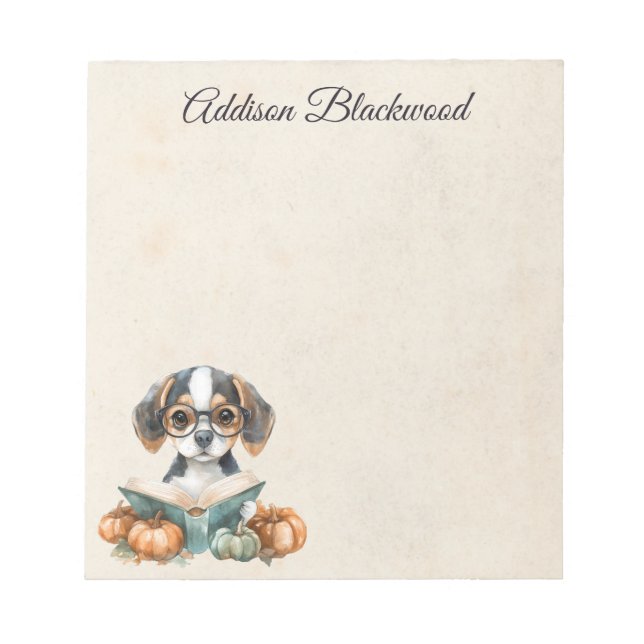 Bloc De Notas Cachorro Beagle Lindo Leyendo Libro Otoño Personal (Frente)