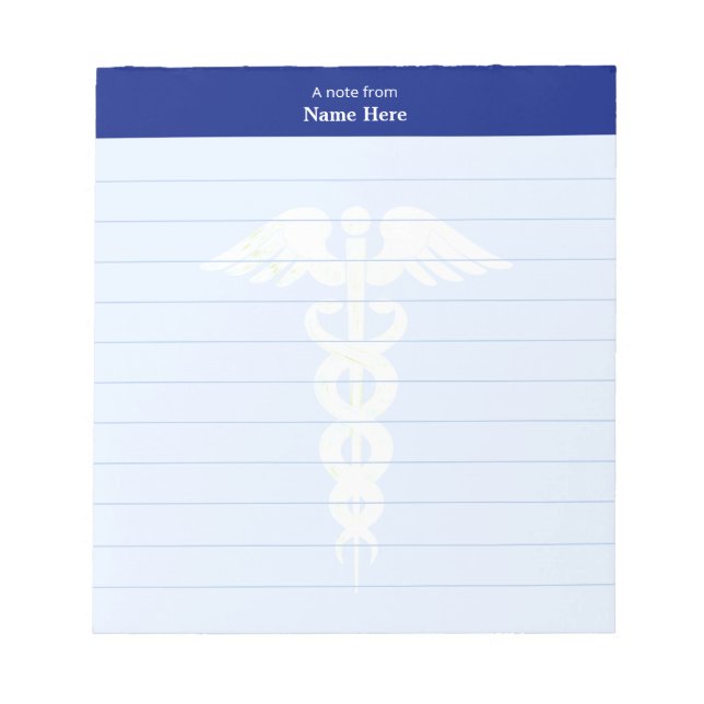 Bloc De Notas Caduceo Médico y Encabezado Azul Rayado (Frente)