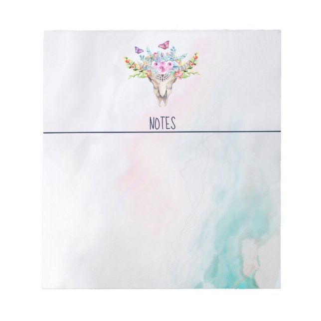 Bloc De Notas Calavera animal Boho con mariposas y flores (Frente)