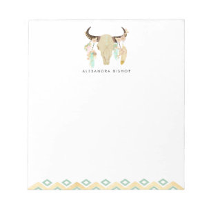 Bloc De Notas Calavera floral tribal y plumas personalizadas