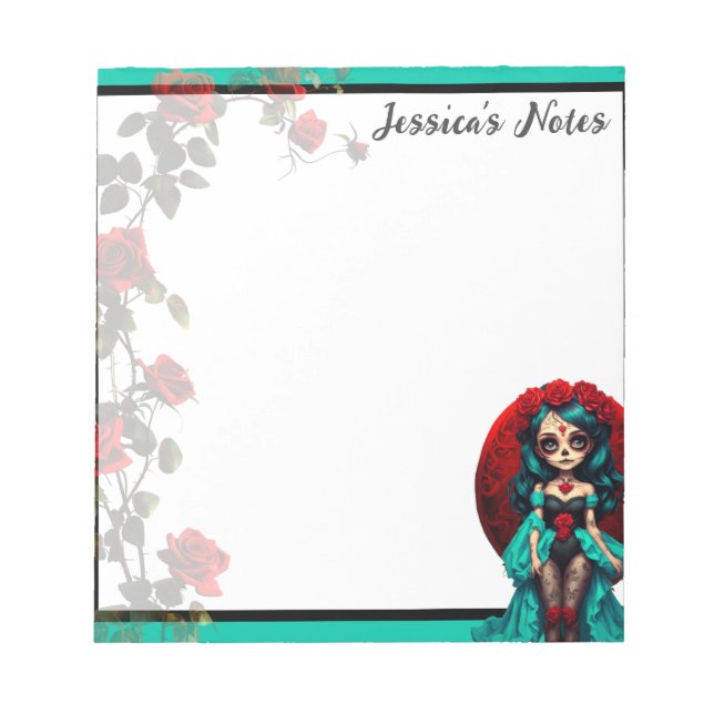 Bloc De Notas Calaveras de azúcar de rosas verde azuladas y roja (Frente)